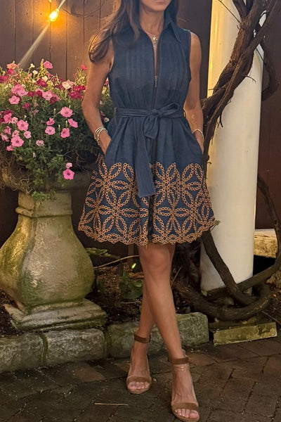 Lace the Label Marpessa Dress; Embroidered Denim Mini Dress Style M-8672 in Denim; Embroidered denim dress; Belted sleeveless embroidered denim fall dress