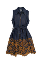 Lace the Label Marpessa Dress; Embroidered Denim Mini Dress Style M-8672 in Denim; Embroidered denim dress; Belted sleeveless embroidered denim fall dress