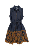 Lace the Label Marpessa Dress; Embroidered Denim Mini Dress Style M-8672 in Denim; Embroidered denim dress; Belted sleeveless embroidered denim fall dress