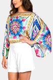 Lavender Brown Clothing Destiny Top Style BPT8079 in Pink Blue Multi. Women's Polyester Wide Exaggerated Sleeve pink with blue floral spring summer top