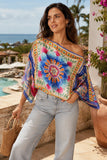 Lavender Brown Clothing Destiny Top Style BPT8079 in Pink Blue Multi. Women's Polyester Wide Exaggerated Sleeve pink with blue floral spring summer top