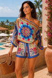 Lavender Brown Clothing Destiny Top Style BPT8079 in Pink Blue Multi. Women's Polyester Wide Exaggerated Sleeve pink with blue floral spring summer top