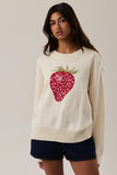 Le Lis Clothing Long Sleeve Crew Neck Strawberry Sweater Style IWT6423 in ivory. women's cotton blend over-sized spring sweater with a strawberry graphic.
