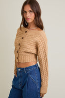Le Lis Clothing Off-Shoulder Button Down Sweater Top Style BWT1289 in Beige; 