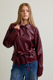 Le Lis Clothing Short Faux Leather Trench Coat Style PJ6481 in Burgundy; Burgundy Short Faux Leather Trench Jacket; Fall Trench Jacket
