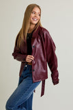 Le Lis Clothing Short Faux Leather Trench Coat Style PJ6481 in Burgundy; Burgundy Short Faux Leather Trench Jacket; Fall Trench Jacket