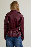 Le Lis Clothing Short Faux Leather Trench Coat Style PJ6481 in Burgundy; Burgundy Short Faux Leather Trench Jacket; Fall Trench Jacket