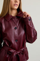 Le Lis Clothing Short Faux Leather Trench Coat Style PJ6481 in Burgundy; Burgundy Short Faux Leather Trench Jacket; Fall Trench Jacket