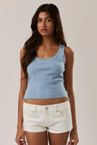 Le Lis Clothing Sleeveless Scoop Neck Pointelle Sweater Tank Top Style IWT6518 in Baby Blue; Light Blue Pointelle Knit Scalloped Scoop Neck with a embroidered rosette detail Spring summer Tank Top