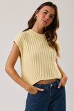 Le Lis Collection Round Neck Extended Sleeve Knit Top Style SWT3498 in both Light Yellow and in White. Women's Round Neck and hem cotton blend wide rib short sleeve spring sweater top