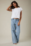Le Lis Collection Round Neck Extended Sleeve Knit Top Style SWT3498 in both Light Yellow and in White. Women's Round Neck and hem cotton blend wide rib short sleeve spring sweater top