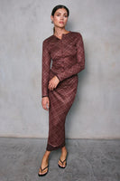 Line and Dot Clothing Richard Plaid Midi Skirt Style LS5617M in Brown Multi; 