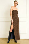 Line and Dot Clothing Alfie Maxi Dress Style LD5741B-1 in Chocolate Faux Suede; Brown Faux Suede Fall Guest Of Dress