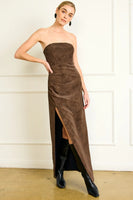 Line and Dot Clothing Alfie Maxi Dress Style LD5741B-1 in Chocolate Faux Suede; Brown Faux Suede Fall Guest Of Dress