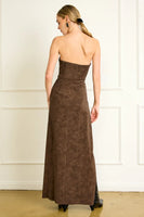 Line and Dot Clothing Alfie Maxi Dress Style LD5741B-1 in Chocolate Faux Suede; Brown Faux Suede Fall Guest Of Dress