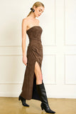 Line and Dot Clothing Alfie Maxi Dress Style LD5741B-1 in Chocolate Faux Suede; Brown Faux Suede Fall Guest Of Dress