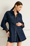 Line and Dot Clothing Caryl Hourglass Jacket Style LJ9723B in Indigo; Dark Wash Contrast Stitch Fitted long fall denim shirt jacket