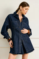 Line and Dot Clothing Caryl Hourglass Jacket Style LJ9723B in Indigo; Dark Wash Contrast Stitch Fitted long fall denim shirt jacket