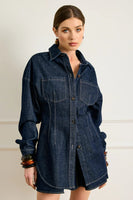 Line and Dot Clothing Caryl Hourglass Jacket Style LJ9723B in Indigo; Dark Wash Contrast Stitch Fitted long fall denim shirt jacket