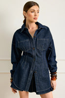Line and Dot Clothing Caryl Hourglass Jacket Style LJ9723B in Indigo; Dark Wash Contrast Stitch Fitted long fall denim shirt jacket
