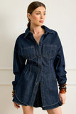 Line and Dot Clothing Caryl Hourglass Jacket Style LJ9723B in Indigo; Dark Wash Contrast Stitch Fitted long fall denim shirt jacket