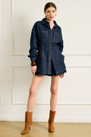 Line and Dot Clothing Caryl Hourglass Jacket Style LJ9723B in Indigo; Dark Wash Contrast Stitch Fitted long fall denim shirt jacket