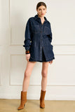 Line and Dot Clothing Caryl Hourglass Jacket Style LJ9723B in Indigo; Dark Wash Contrast Stitch Fitted long fall denim shirt jacket