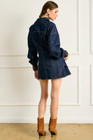 Line and Dot Clothing Caryl Hourglass Jacket Style LJ9723B in Indigo; Dark Wash Contrast Stitch Fitted long fall denim shirt jacket