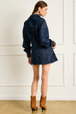 Line and Dot Clothing Caryl Hourglass Jacket Style LJ9723B in Indigo; Dark Wash Contrast Stitch Fitted long fall denim shirt jacket
