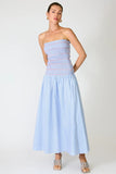 Line and Dot Clothing Eleni Smocked Dress style LD6053M in Blue Multi. Cotton Blend Smocked Bodice Poplin skirt strapless spring summer maxi dress