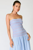 Line and Dot Clothing Eleni Smocked Dress style LD6053M in Blue Multi. Cotton Blend Smocked Bodice Poplin skirt strapless spring summer maxi dress