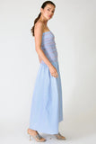 Line and Dot Clothing Eleni Smocked Dress style LD6053M in Blue Multi. Cotton Blend Smocked Bodice Poplin skirt strapless spring summer maxi dress
