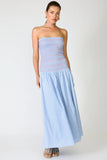 Line and Dot Clothing Eleni Smocked Dress style LD6053M in Blue Multi. Cotton Blend Smocked Bodice Poplin skirt strapless spring summer maxi dress