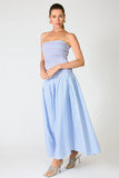 Line and Dot Clothing Eleni Smocked Dress style LD6053M in Blue Multi. Cotton Blend Smocked Bodice Poplin skirt strapless spring summer maxi dress