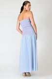 Line and Dot Clothing Eleni Smocked Dress style LD6053M in Blue Multi. Cotton Blend Smocked Bodice Poplin skirt strapless spring summer maxi dress