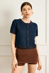 Line and Dot Clothing Hessa Short Sleeve Cardigan Style LT5925B in Navy;Short Sleeve Button Front Fall Cardigan Sweater Top; 