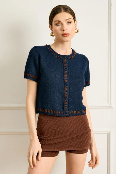 Line and Dot Clothing Hessa Short Sleeve Cardigan Style LT5925B in Navy;Short Sleeve Button Front Fall Cardigan Sweater Top; 