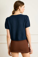 Line and Dot Clothing Hessa Short Sleeve Cardigan Style LT5925B in Navy;Short Sleeve Button Front Fall Cardigan Sweater Top; 