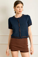 Line and Dot Clothing Hessa Short Sleeve Cardigan Style LT5925B in Navy;Short Sleeve Button Front Fall Cardigan Sweater Top; 