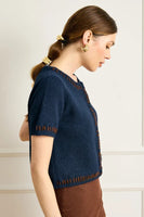 Line and Dot Clothing Hessa Short Sleeve Cardigan Style LT5925B in Navy;Short Sleeve Button Front Fall Cardigan Sweater Top; 