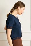 Line and Dot Clothing Hessa Short Sleeve Cardigan Style LT5925B in Navy;Short Sleeve Button Front Fall Cardigan Sweater Top; 