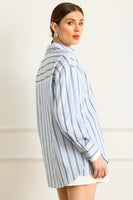 Line and Dot Clothing Leia Shirt Style LT4656B-2 in Blue Multi;Satin Striped Button Down Shirt; 