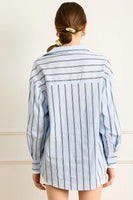 Line and Dot Clothing Leia Shirt Style LT4656B-2 in Blue Multi;Satin Striped Button Down Shirt; 
