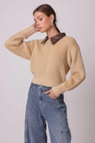 Line and Dot Clothing Monica Sweater Style LJ9695B in Latte; Tan Fuzzy Sweater; Zip Front Sweater; Fuzzy Sweater With Faux Leather Contrast Collar