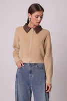 Line and Dot Clothing Monica Sweater Style LJ9695B in Latte; Tan Fuzzy Sweater; Zip Front Sweater; Fuzzy Sweater With Faux Leather Contrast Collar