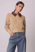 Line and Dot Clothing Monica Sweater Style LJ9695B in Latte; Tan Fuzzy Sweater; Zip Front Sweater; Fuzzy Sweater With Faux Leather Contrast Collar