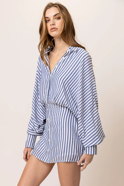 Line and Dot Clothing Noah Shirt Dress Style LD5879Y in Blue White Stripe;Striped Shirt Dress;Line & Dot Striped Shirt Dress;Summer Shirt Dress; 