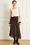 Line and Dot Clothing Rhone Mix-Media Skirt Style LS5605L in Espresso.  Brown Semi Sheer Mixed Media Fall Midi Skirt