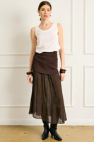 Line and Dot Clothing Rhone Mix-Media Skirt Style LS5605L in Espresso.  Brown Semi Sheer Mixed Media Fall Midi Skirt