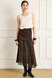 Line and Dot Clothing Rhone Mix-Media Skirt Style LS5605L in Espresso.  Brown Semi Sheer Mixed Media Fall Midi Skirt